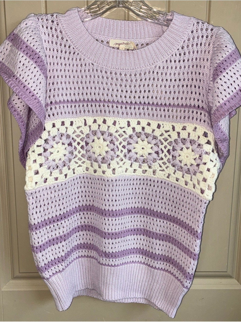 Mystree Lavender and Cream Crochet Panel Knit Sweater Vest